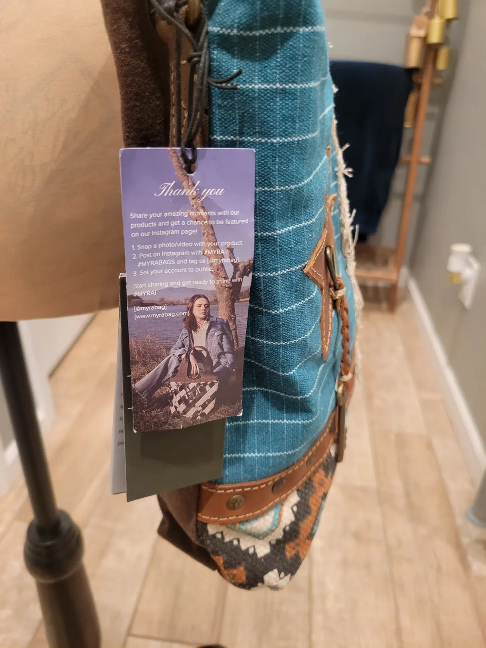 Myra Bag Blue and Brown Patchwork Crossbody Bag - Picture 6 of 7